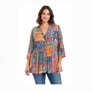 Sunny Leigh Colorful Floral Patchwork Women's pleated boho blouse size 1x